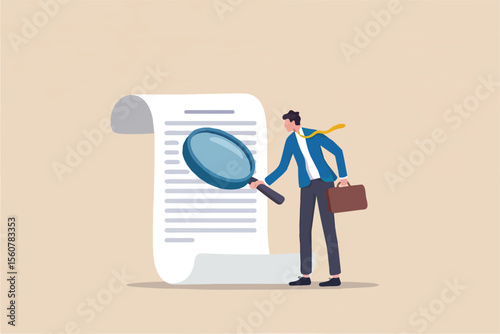Man examining document with magnifying glass isolated on transparent background