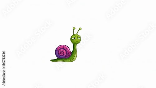 Cute snail slow moving 2D character animation. Spiral gastropod mollusk slithering. Mollusca shelled crawling. Whimsical slug shell animated animal cartoon 4K video isolated on white transparent