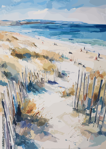 Coastal landscape with sandy beach and ocean under blue sky  