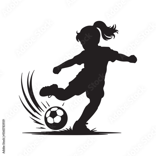 Silhouette of a young girl kicking a soccer ball isolated on white background