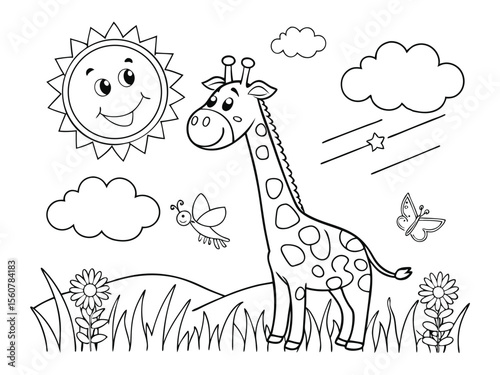 Cute giraffe and flowers easy coloring page for kids