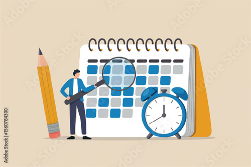 Flat cartoon vector illustration of a man examining a calendar with a magnifying glass isolated on transparent background