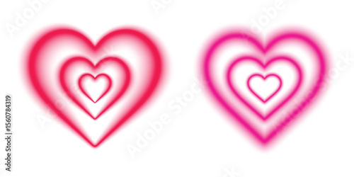 Bright neon heart frame border with red purple pink glowing light effect for love valentine day card decoration on isolated transparent background. Two hearts set