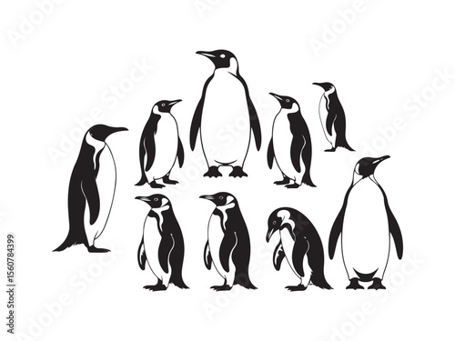 Collection of penguin silhouettes in various poses isolated on white background