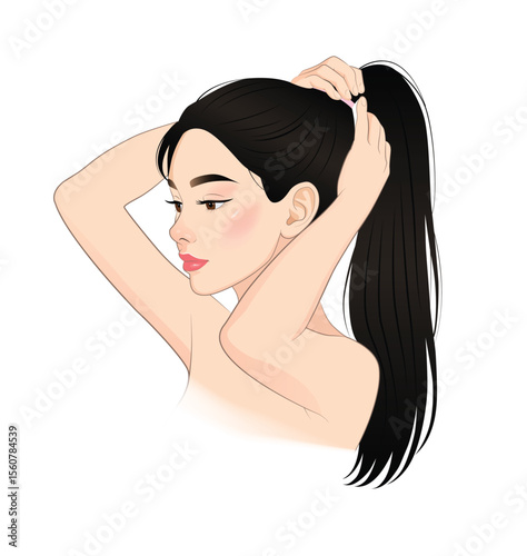 Vector illustration of a young woman tying a ponytail on white background.