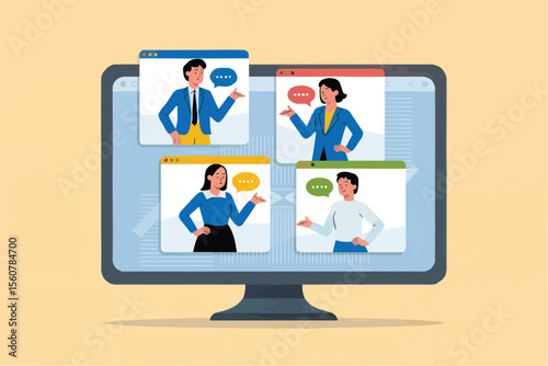Flat cartoon vector illustration of a video conference call with four participants isolated on transparent background