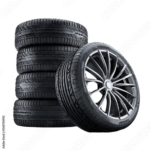 A stack of vehicle wheels and tires isolated