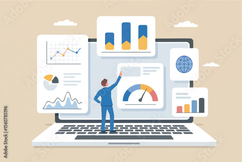 Flat cartoon vector illustration of a businessman interacting with data visualizations on a laptop isolated on transparent background