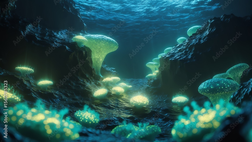 Fototapeta premium Abstract Bioluminescent Mushroom Garden Underwater Deep Sea Scene Landscape