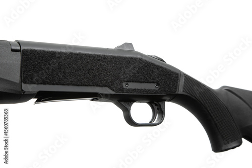 Tactical shotgun with a velcro panel on the receiver for attaching accessories or shell holders, isolated on white back