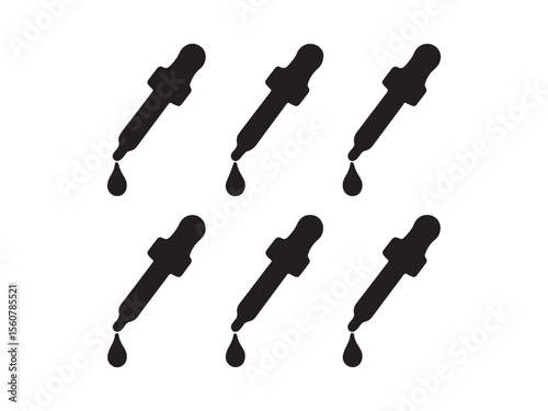 Six black laboratory pipette icons with liquid drops isolated on white background