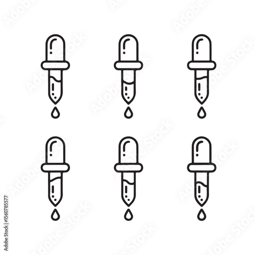 Six simple line art dropper icons with silhouette liquid drops isolated on white background