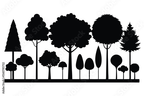 Collection of black silhouettes various trees nature landscape