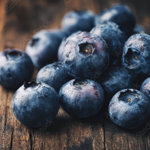 Fresh, ripe blueberries spill from a bowl onto a rustic wooden background, highlighting their healthy and natural appeal