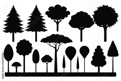 Collection of black silhouettes various trees nature forest