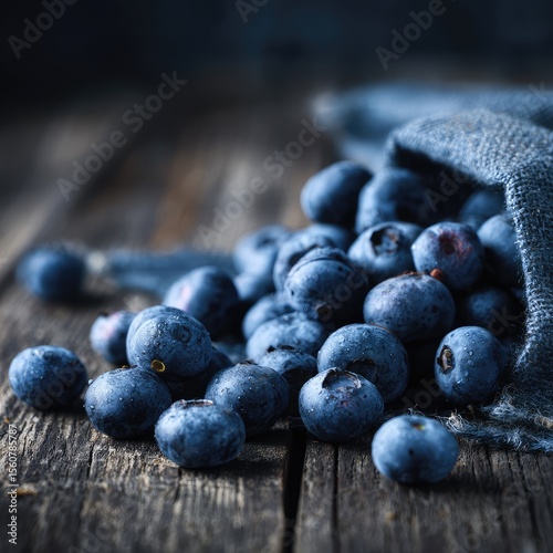 Fresh, ripe blueberries spill from a bowl onto a rustic wooden background, highlighting their healthy and natural appeal