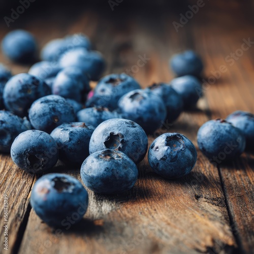 Fresh, ripe blueberries spill from a bowl onto a rustic wooden background, highlighting their healthy and natural appeal