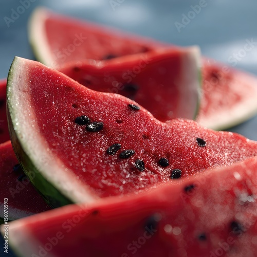 Close-up macro of fresh, juicy red watermelon, a sweet and healthy summer fruit dessert