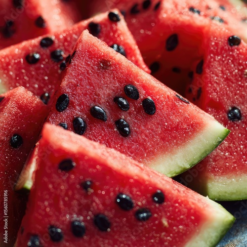Close-up macro of fresh, juicy red watermelon, a sweet and healthy summer fruit dessert