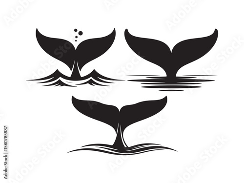 Three black whale tails emerging from stylized water isolated on white background