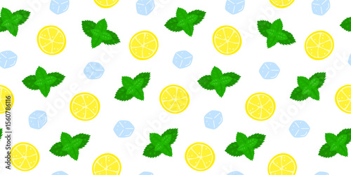 Simple seamless pattern with flat ice cubes, lemon slices and mint leaves. Fresh natural background.