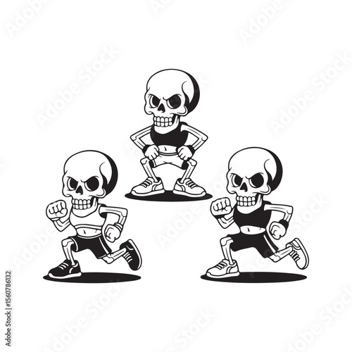 Silhouette Three playful cartoon skeletons running and squatting isolated on white background