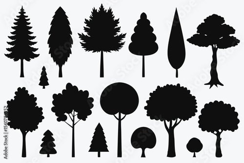 Collection of black silhouette trees various shapes and sizes