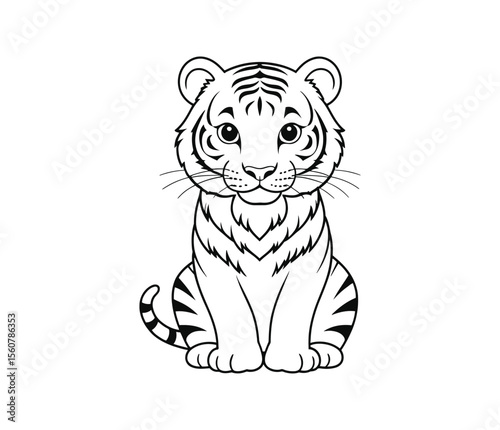 An Adorable Cartoon Tiger Cub Smiling with innocent eyes a friendly face in a line drawing cute art