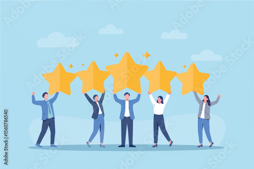 Flat cartoon vector illustration of people holding five stars isolated on transparent background