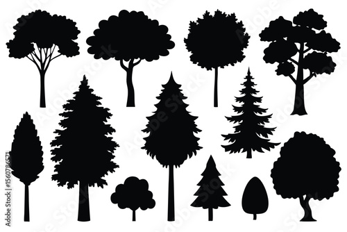 Collection of black silhouettes various trees nature forest