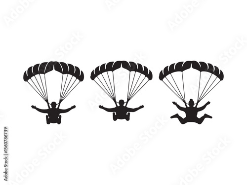Three parachutists in silhouette descending with open parachutes isolated on white background