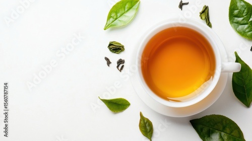 Wallpaper Mural a cup of tea with green leaves on a white surface Torontodigital.ca