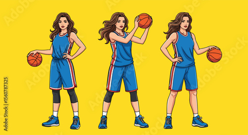 Adobe Illustrator set of vector flat style illustration of sexy pin-up girls in pop art style, showcasing their basketball skills and sporty charm