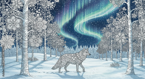 Enchanted Winter Forest Wolf and Aurora Borealis Coloring Page