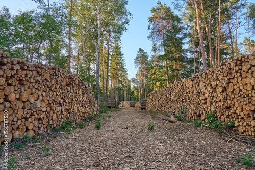 Long rows of stacked cut logs in a forest clearing on a sunny day. Forestry and timber harvesting area with tree trunks organized for transport or processing.