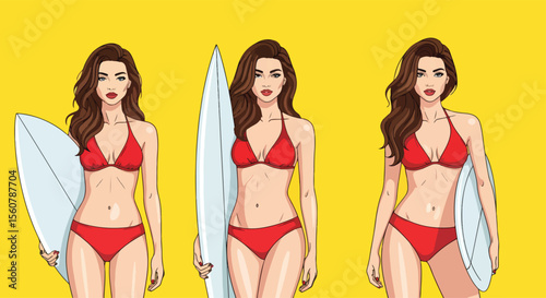 Adobe Illustrator set of vector flat style illustration of three sexy surfer girls holding surfboards, with a vibrant pop art look. Ideal for beach, summer, and active lifestyle designs