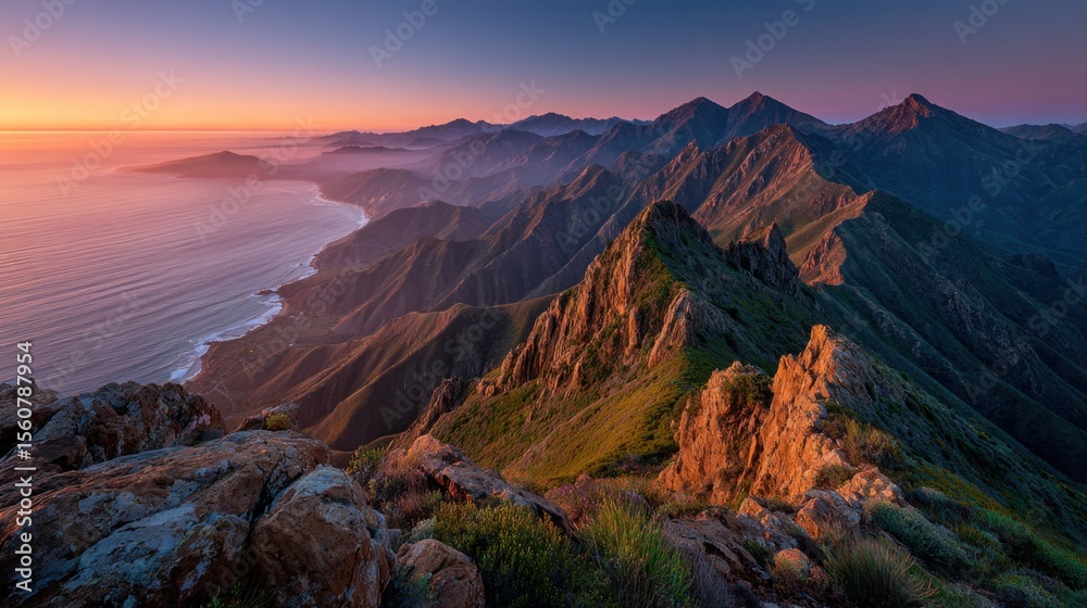 Obraz premium Sunset bathes the rugged mountain range along the Pacific coast in hues of orange and purple. Lush greenery contrasts with rocky cliffs, creating a breathtaking view.