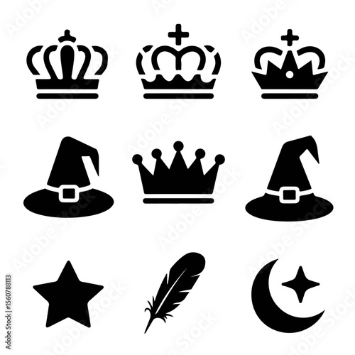 Premium Vector Collection of Black Royal Crowns and Fantasy Symbols for Creative Design and Website Projects