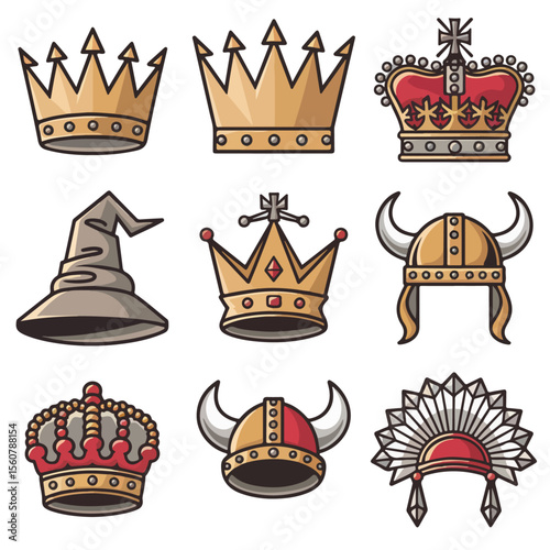 Premium Vector Collection of Royal Crowns and Fantasy Hat Icons for Creative Design and Branding Projects