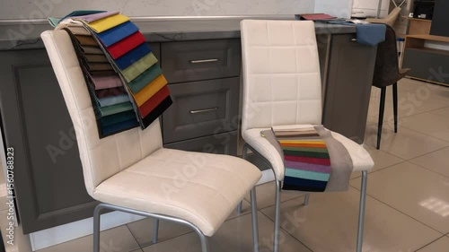 Two chairs stand with samples of textiles for the manufacture of upholstered furniture. custom furniture manufacturing store