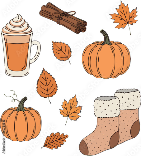 Hand-drawn doodle-style vector with cozy autumn elements