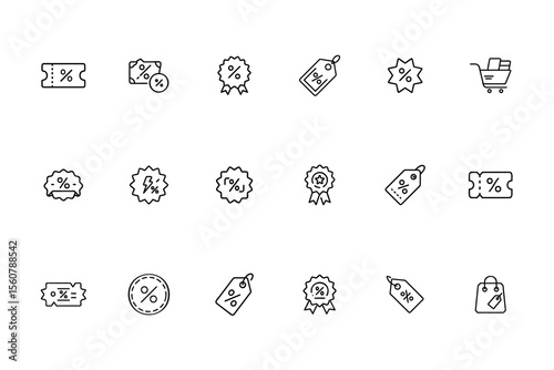 Set line art icons featuring percentage symbols on coupons tags shopping cart outline