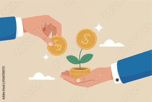 Flat cartoon vector illustration of hands exchanging coins and a money plant isolated on transparent background