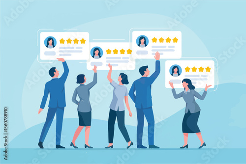People holding customer reviews with star ratings isolated on transparent background
