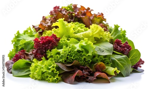 A vibrant mix of fresh green and red lettuce leaves, creating a delicious and healthy salad, isolated on white background