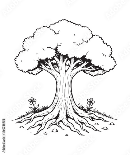 Tree of Life Drawing. Hand-Drawn Illustration of a Mighty Oak with Strong Roots, Symbolizing Family and Growth