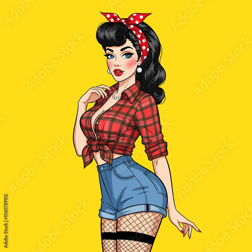 Adobe Illustrator vector flat style illustration of a confident, sexy pin-up girl in a plaid shirt and denim shorts, making a model gesture, embodying retro pop art charm