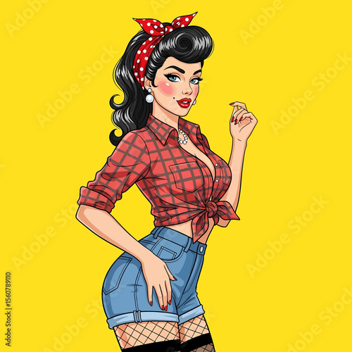 Adobe Illustrator vector flat style illustration of a confident, sexy pin-up girl in a plaid shirt and denim shorts, making a model gesture, embodying retro pop art charm