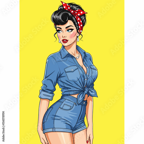Adobe Illustrator vector flat style illustration of a confident, sexy pin-up girl in a tied denim shirt and shorts, embodying classic pop art and retro flair