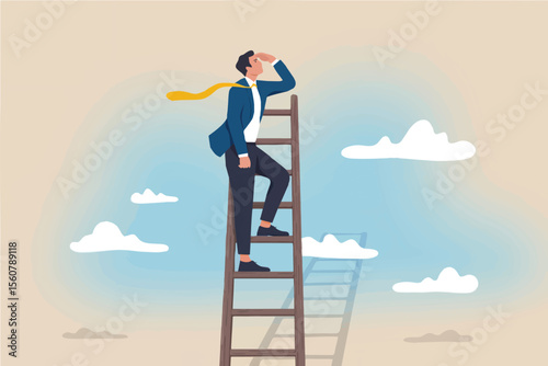 Businessman on a ladder looking into the distance isolated on transparent background